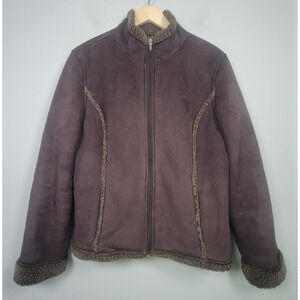L.L. Bean Sherpa Lined Jacket Womens L Full Zip Faux Suede Embroidered Brown